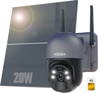 Xega 4G LTE Cellular Security Camera with 20W Solar Panel, Outdoor Camera