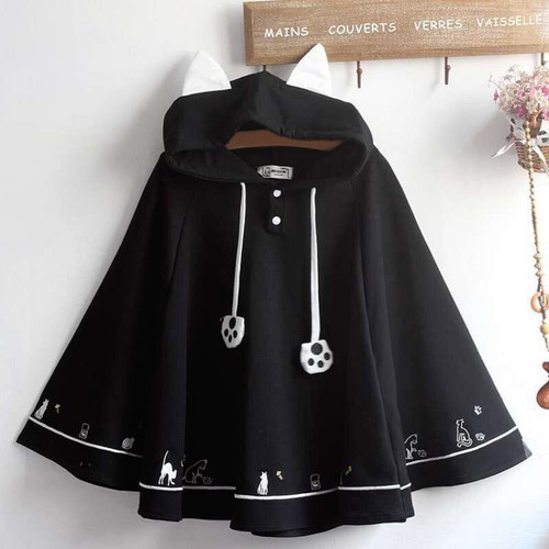 Lady Hooded Cloak Capes Poncho Cat Ears Hoodie Hoody Coat Tops Kawaii