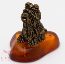 Solid Brass Amber Figurine Yorkshire Shaggy Terrier dog