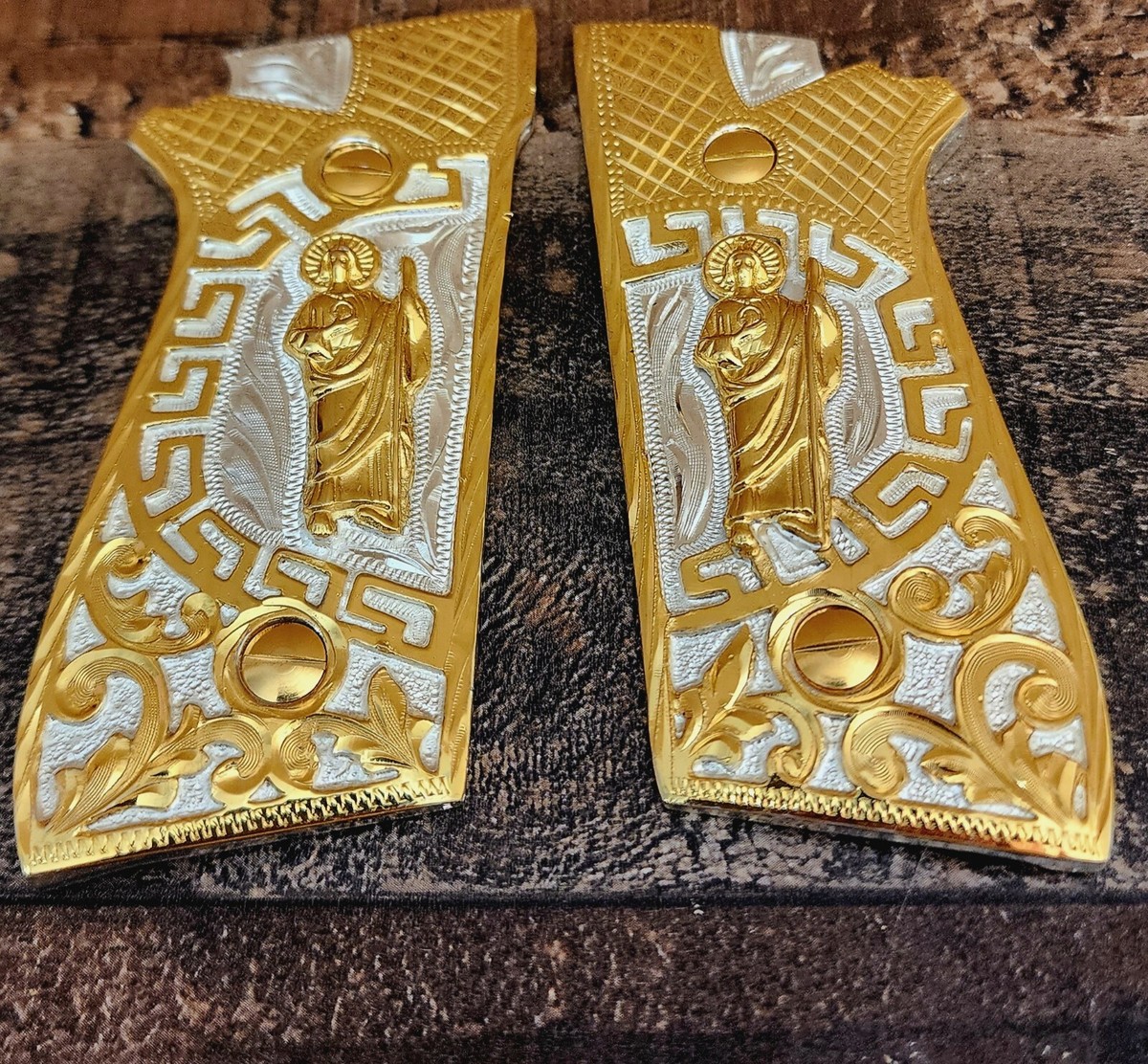 San Judas Taurus pt92 mexican cachas gun pistol premium grips 24k