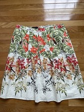 Talbots Skirt 14 P Vibrant Lilies Pleated Front Side Pockets A-Line Linen Cotton