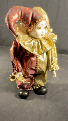 Clown Jester Porcelain Doll Music Box Wind Up Moves and Plays/w
