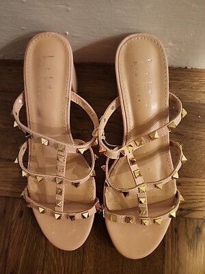 Nicole Miller Women s Studded  Band Heel Sandal, Blush Size 10
