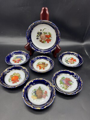 Vintage Porfin Fine Porcelain Fruit Dessert Bowl 7 Piece Set Dish Cobalt Blue