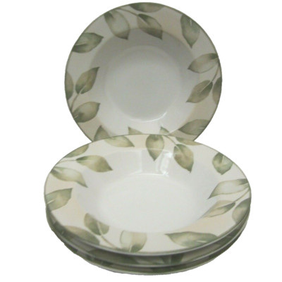 222 Fifth PTS Intl Set of 4 Arcadia Wide Rim Soup Bowls Embossed Green Leaves 