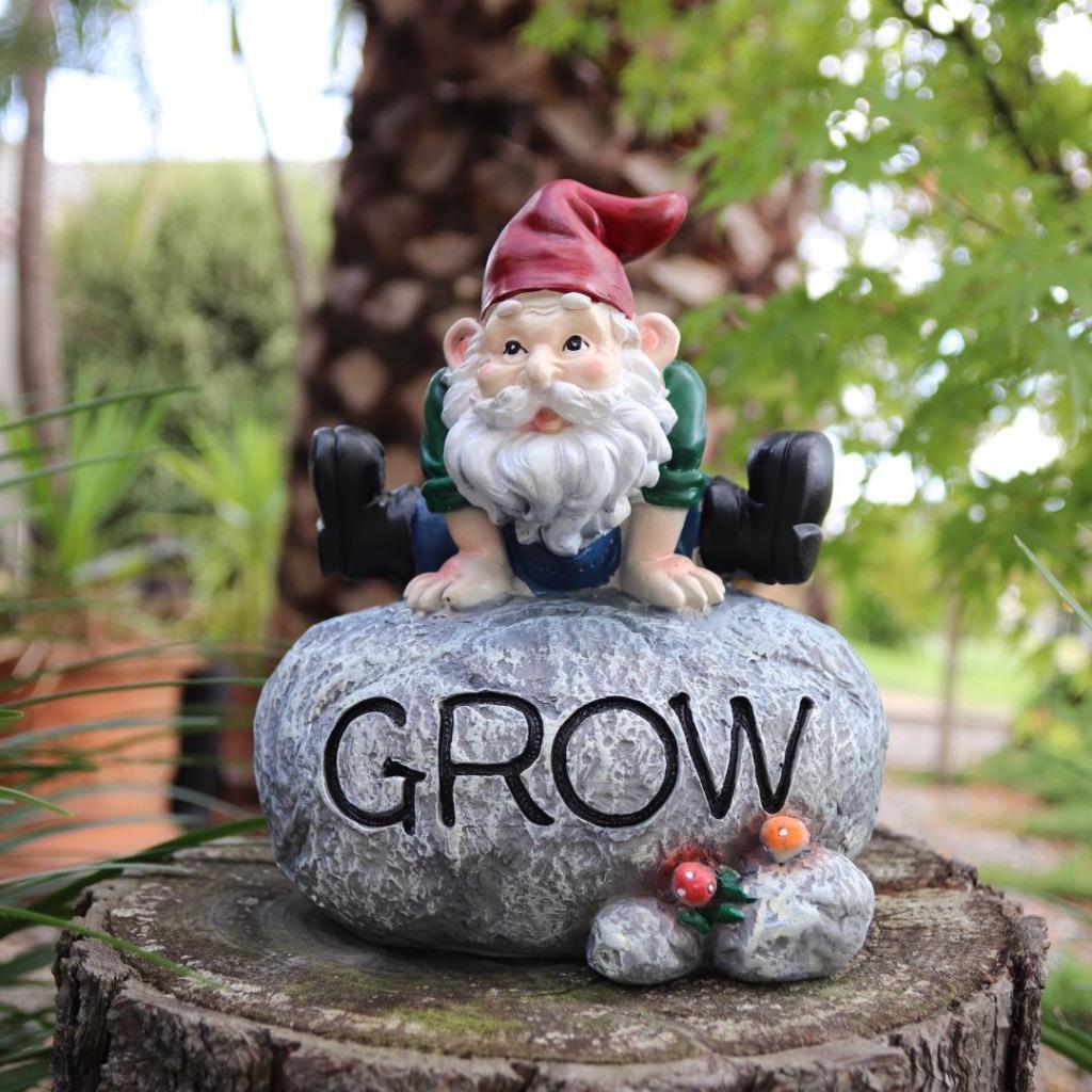 Garden Gnomes Statue Gnome on Rock with Word Grow Fairy Garden