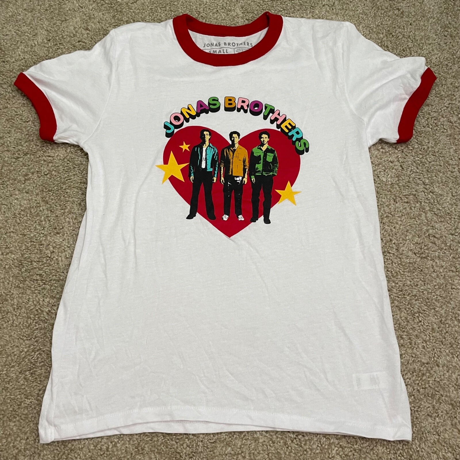 Jonas Brothers Love Heart Red White Band Tee Women’s Size S Small