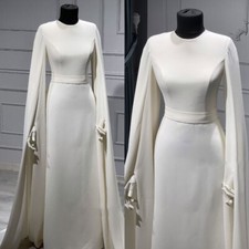 Ivory Muslim Wedding Dresses Long Sleeves Satin Simple A Line Bridal Gowns