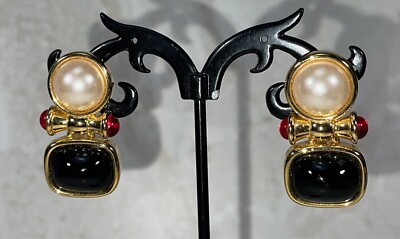 Joan Rivers Faux Pearl & Onyx Pieced Dangle Door knocker Earrings New On Card