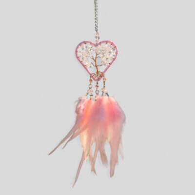 Handmade Pink Heart Shape Tree of Life Dreamcatcher with Pink Feathers - Rose Qu