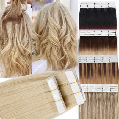 US 10-60PCS Tape In Human Hair Extensions Russian Remy Skin Weft Full Head LONG