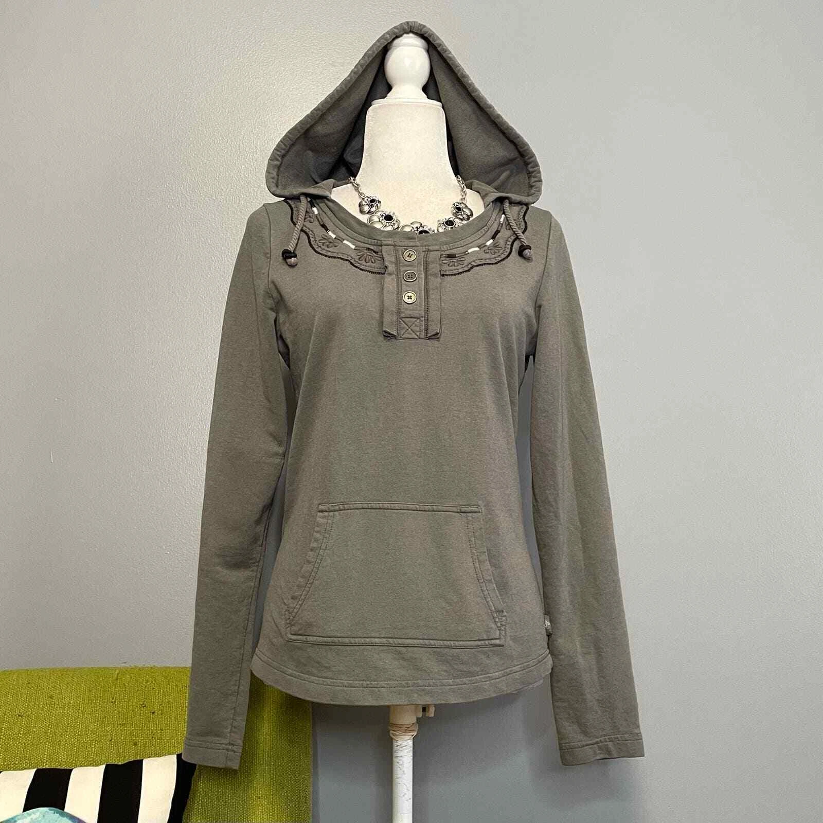 PrAna Gray Embroidered Henley Neck Hooded Sweatshirt