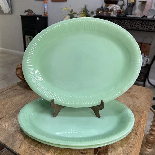 3 Fire King Oven Glass Jadeite Mint Green Jane Ray Platter Plate Oval Large