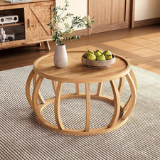 Solid Wood Coffee Table, 31.5-Inch Round Center Table with Curved Frame Base