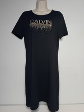 Calvin Klein Women's Black & Gold Logo T-Shirt Midi Dress Size M/L  Stretch