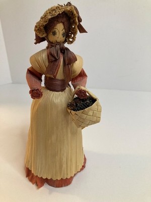 Vintage 80s Corn Husk Trudie Doll Hat Basket Pinecones Signed 1980 8''