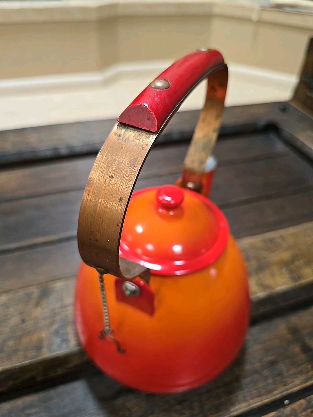 Vtg Descoware Kettle Teapot Flame Orange Enameled Cast Iron Copper MCM, ArtDeco