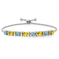 925 Silver and 10K Yellow Gold Blue Zircon and Yellow Sapphire Bracelet For