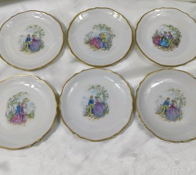 Set of 6 Vintage Porcelain JPL Limoges France Hand Painted Gold Trim 4'' Plates