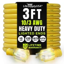3Ft Yellow Heavy Duty Extension Cord Waterproof Lighted End 10 Gauge 15 Amp