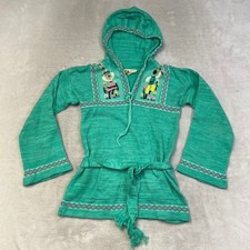 Pear Blossom Kids Girls Teal Embroidered Folk Art Hooded Tunic Sweater Belted