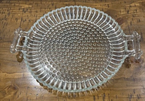 Vintage Jeanette Glass Co. National Clear Hobnail 8" Round 2 Handle Tray