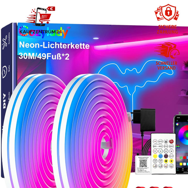 Rgb Neon Led Strip 30M Mit Fernbedienung Und App Steuerung, Wasserdicht-image