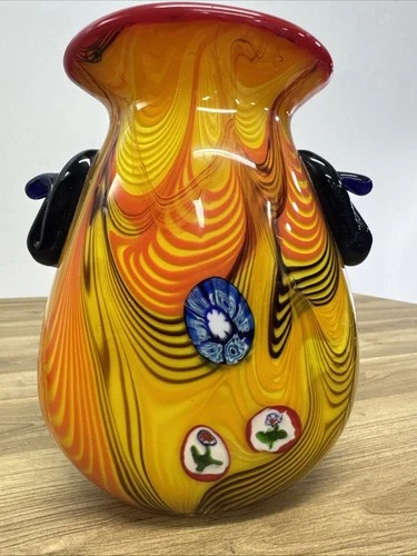 Murano Style Art Glass Vase 9” Millefiori Swirl Orange Red Hand Blown Handles