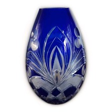 Vaso Blu In Cristallo Di Boemia Forma Ovoidale Vintage Altezza 25 Cm.