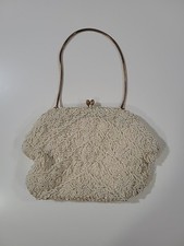 Vintage Cream White Beaded Clutch Hong Kong Clasp Close Serpentine Metal Chain
