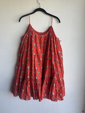 RHODE Red Floral Cotton Spaghetti-Strap Ruffle Skirt Short Dress size M