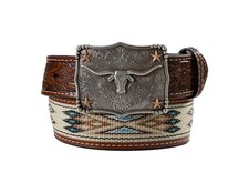 3D Western Belt Boys Inlay Floral Stars Longhorn Tan D120004908