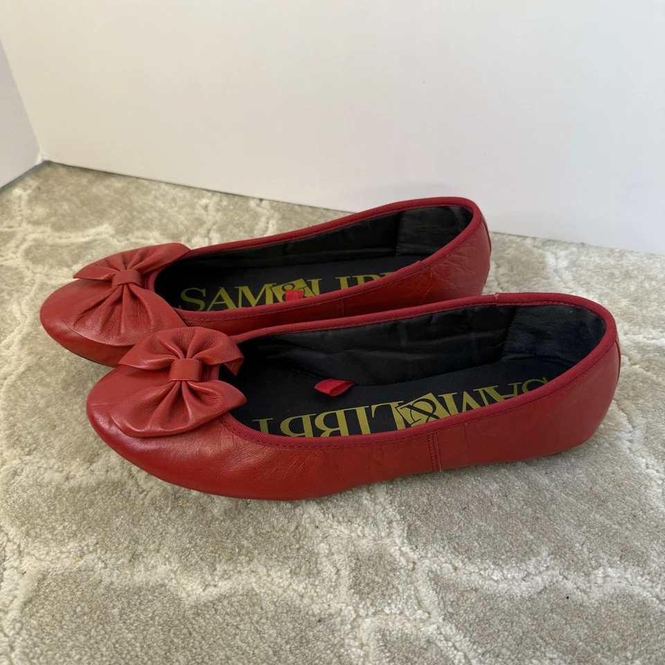 Zapatos planos de ballet Sam & Libby para mujer talla 8,5 M sin cordones de cuero rojo lazo usados en excelente estado Foto 2 de 4