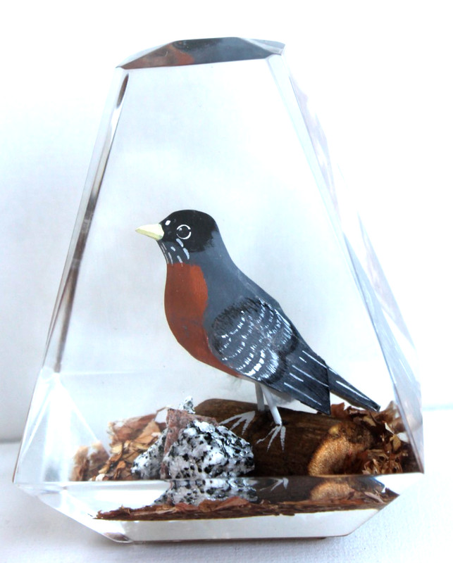 Vintage Hand Carved Painted Wood Robin Lucite/Acrylic Unique Canada Paperweight