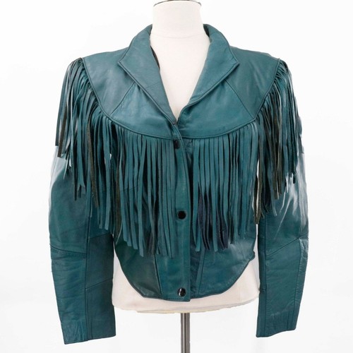 1980s Teal Crop Long Sleeve Fringe Leather Jacket