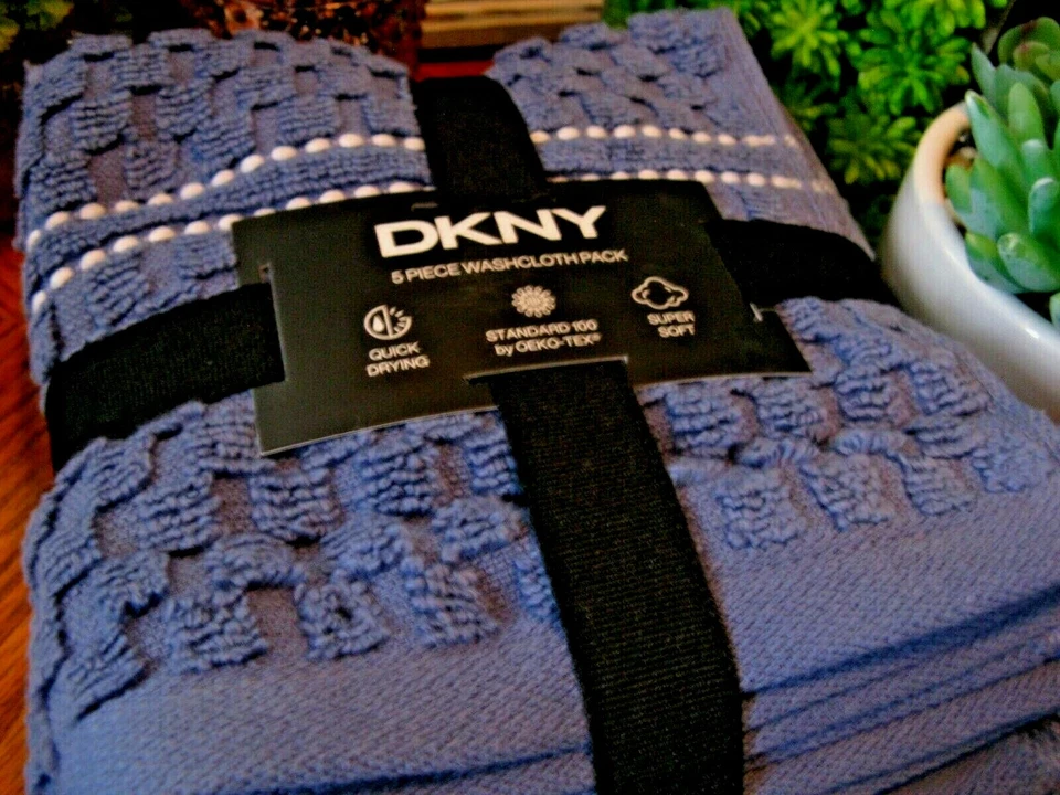 Nuevo Juego de 5 paños de algodón a rayas Donna Karan DKNY azul marino con prendedor blanco Foto 2 de 4