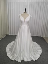 Elegant Satin Wedding Dresses V Neck Sleeveless A Line Bridal Gowns Sweep Train