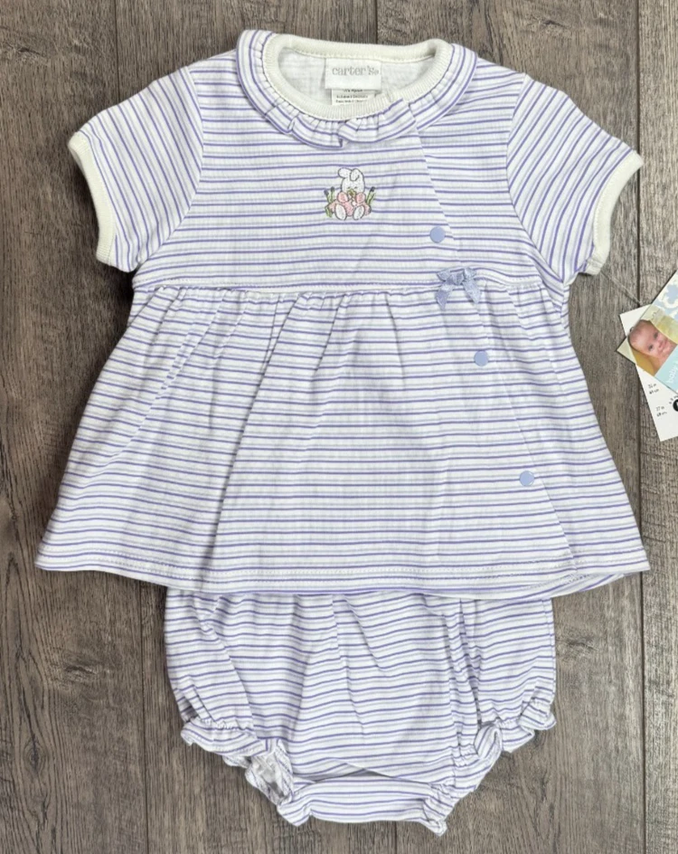 Baby Girl Clothes New Vintage Carter's 6-9 Month 2pc Purple Bunny Dress Outfit