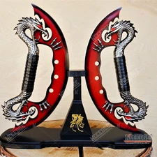 Double FIRE Medieval Dragon Blades with TableTop Wood Display Stand