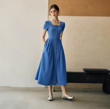 Summer New Blue Vacation Dress Square Collar Design Womens Short Sleeve Dress