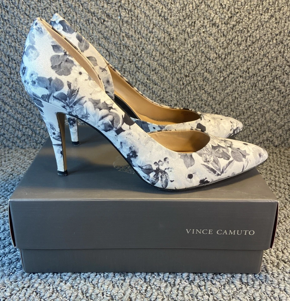 Vince Camuto Blanco Gris Negro Flores Tela Punta Tacones Talla 10M/40 Foto 2 de 4