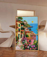 Beautiful Houses & Flowers In Sea Side Poster Premium Quality Choose your Size