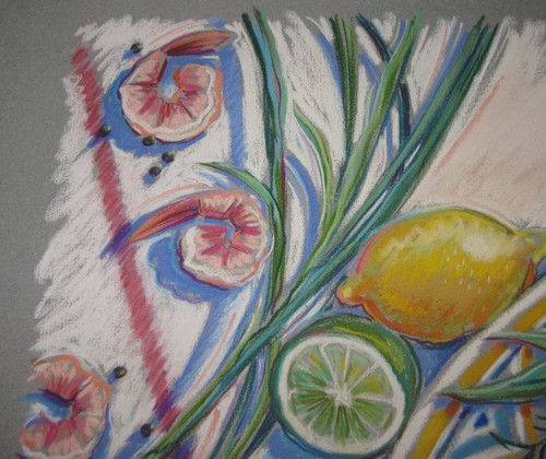 Vintage ORIGINAL Barbara Maslen 'FISH & Shrimp' Still Life Pastel ILLUSTRATION - Picture 6 of 8