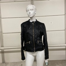 Guess Quilted Shoulder Zip-front Leather Jacket Women's Size L Black