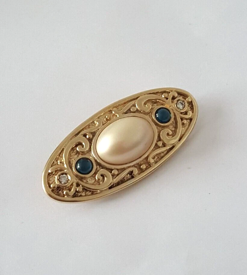 Genuine Majorica Pearl Sparkling Artistic Brooch Gold on 925 Solid Silver #22389 - Image 2 of 4