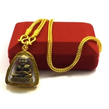 Phra LP Tuad Pendant Necklace Gold Micron Plated Talisman Thai Buddha Amulet