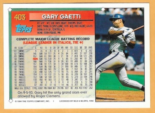 GARY GAETTI KANSAS CITY ROYALS #403 - TOPPS GOLD NM-MT 1994 - Picture 2 of 2