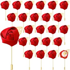 24 PCS Red Rose Boutonniere with Pin for Men Wedding Prom Party Buttonholes