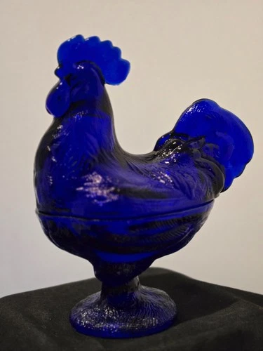 Vintage Cobalt Blue Depression Style Glass Rooster Candy Dish