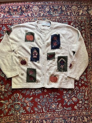 Vintage Croft Barrow Cardigan Sweater Women s L Brown Long Sleeve Leaves Button